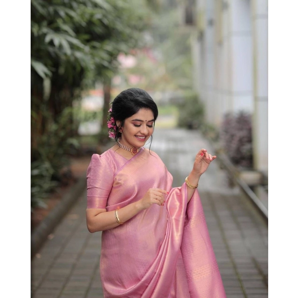 Women's Soft Litchi Silk Jacquard Work Saree With Unstitched Blouse 5.5Mtr (Pink) - Image 2