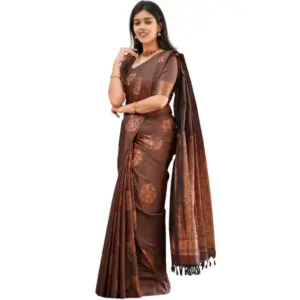 Women's Soft Litchi Silk Jacquard Work Saree With Unstitched Blouse 5.5Mtr (Brown)