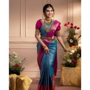 Women's Soft Litchi Silk Jacquard Work Saree With Unstitched Blouse 5.5Mtr (Dark Blue)