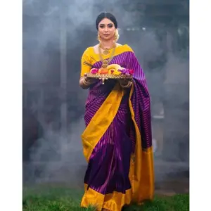 Women's Soft Litchi Silk Jacquard Work Saree With Unstitched Blouse 5.5Mtr (Purple)
