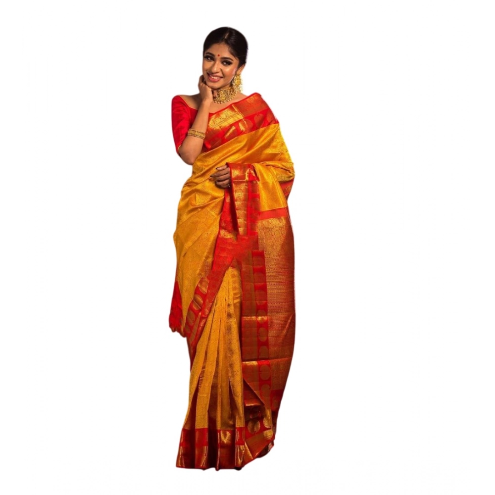 Women's Soft Litchi Silk Jacquard Work Saree With Unstitched Blouse 5.5Mtr (Mustard Yellow)
