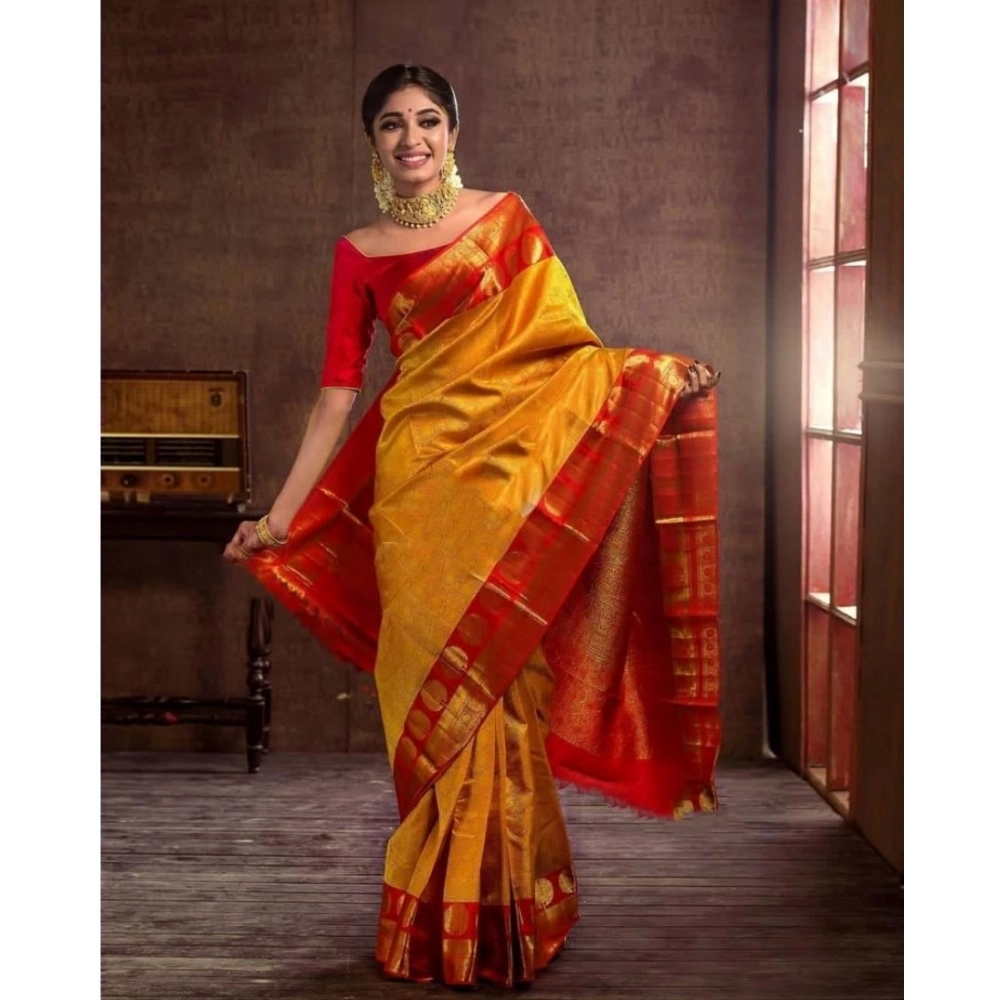 Women's Soft Litchi Silk Jacquard Work Saree With Unstitched Blouse 5.5Mtr (Mustard Yellow) - Image 3