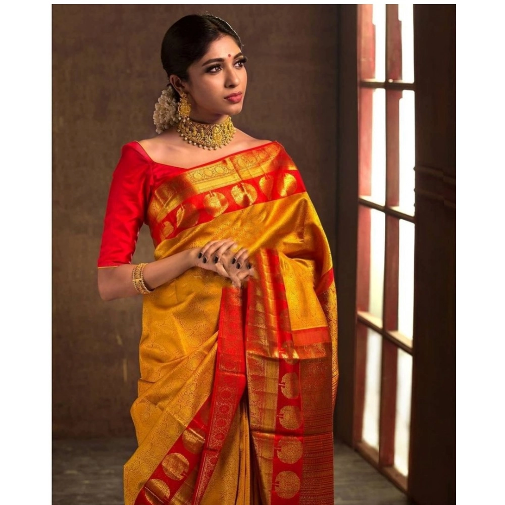 Women's Soft Litchi Silk Jacquard Work Saree With Unstitched Blouse 5.5Mtr (Mustard Yellow) - Image 4