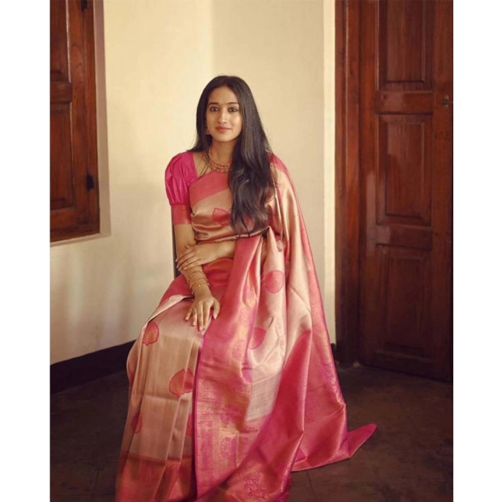 Women's Soft Litchi Silk Jacquard Work Saree With Unstitched Blouse 5.5Mtr (Pink) - Image 2