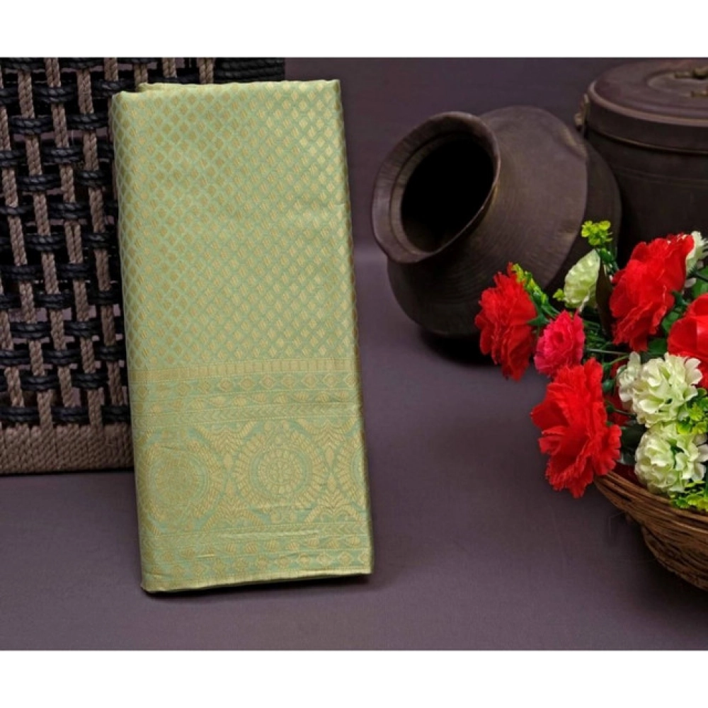 Women's Soft Litchi Silk Jacquard Work Saree With Unstitched Blouse 5.5Mtr (Pista Green) - Image 3