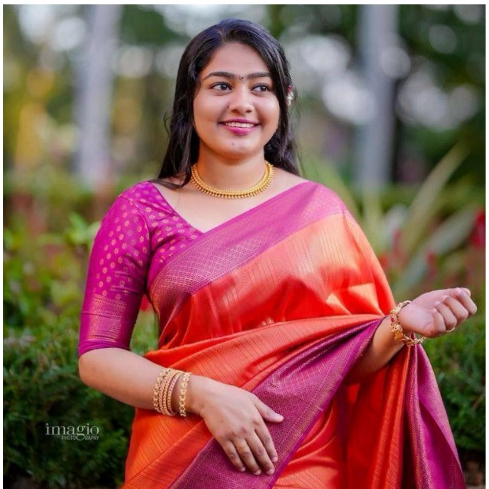 Women's Soft Litchi Silk Jacquard Work Saree With Unstitched Blouse 5.5Mtr (Orange)