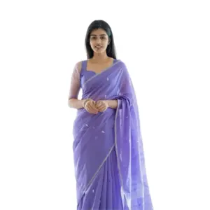 Women's Soft Litchi Silk Jacquard Work Saree With Unstitched Blouse 5.5Mtr (Purple)