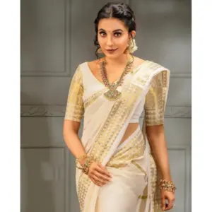 Women's Soft Litchi Silk Jacquard Work Saree With Unstitched Blouse 5.5Mtr (White)
