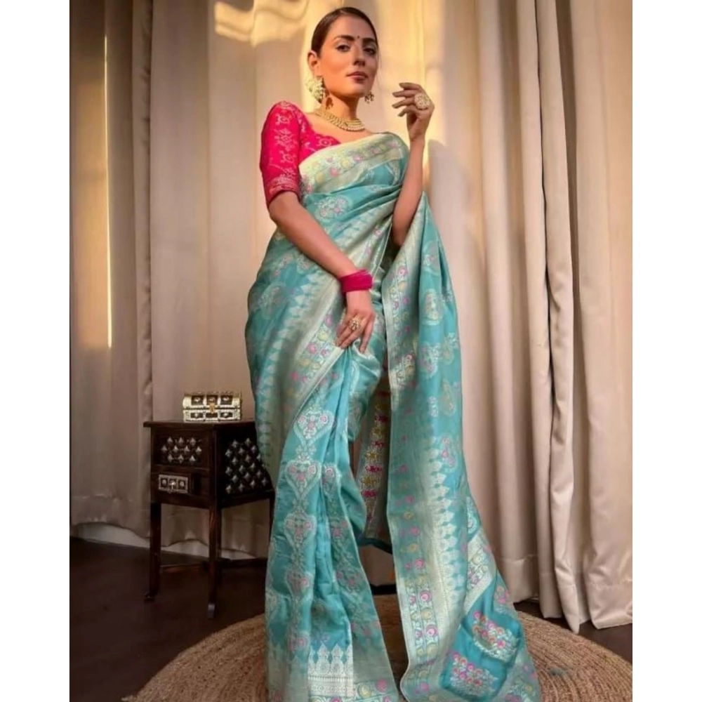 Women's Soft Litchi Silk Jacquard Work Saree With Unstitched Blouse 5.5Mtr (Sky Blue)