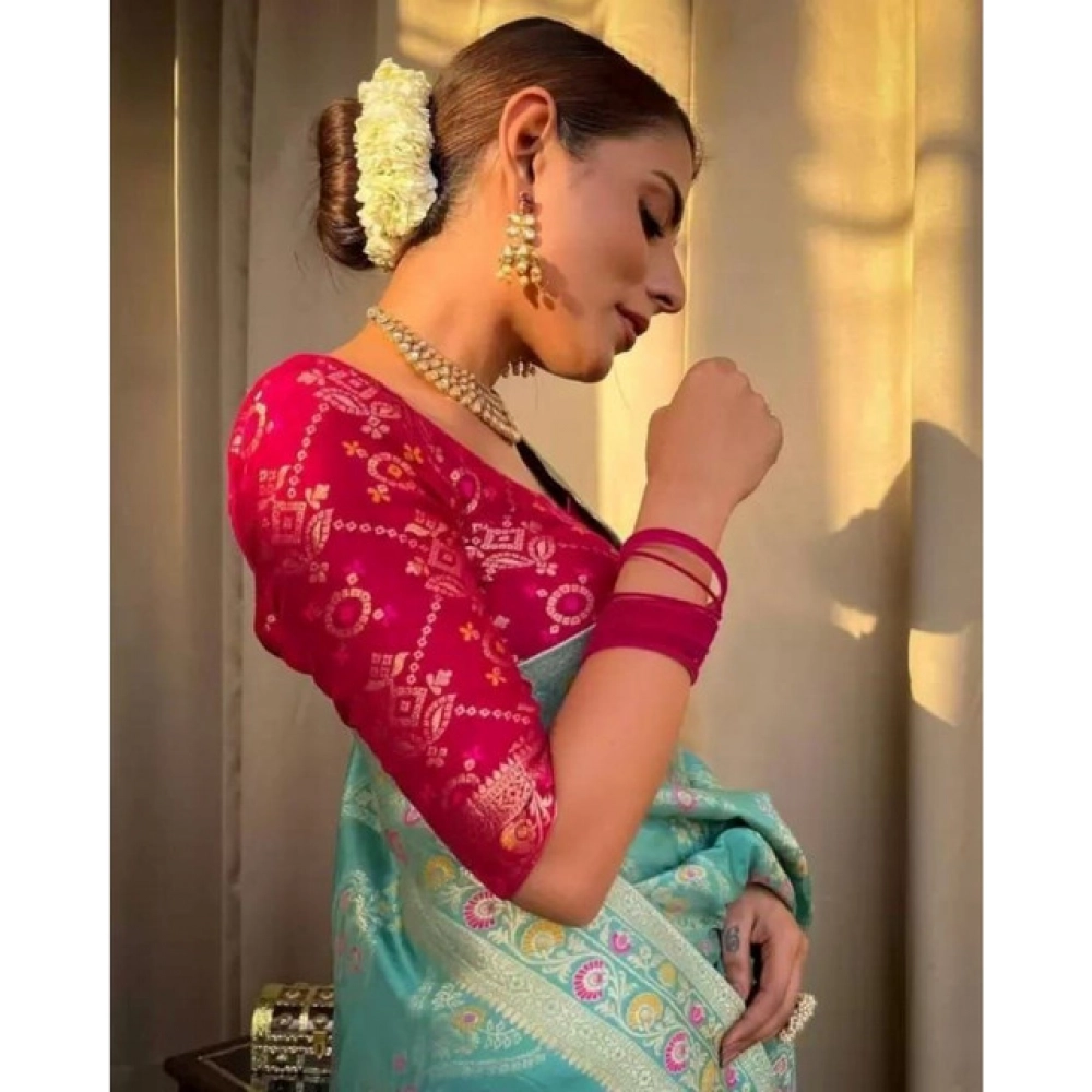 Women's Soft Litchi Silk Jacquard Work Saree With Unstitched Blouse 5.5Mtr (Sky Blue) - Image 2