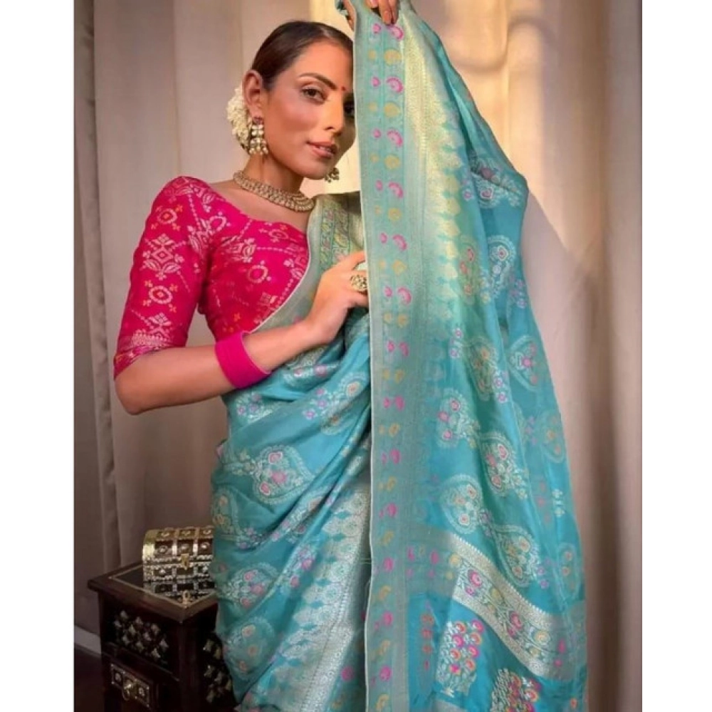 Women's Soft Litchi Silk Jacquard Work Saree With Unstitched Blouse 5.5Mtr (Sky Blue) - Image 4
