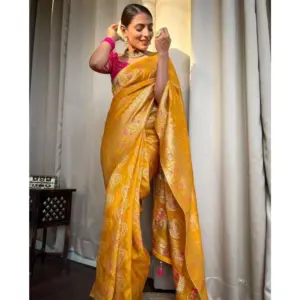 Women's Soft Litchi Silk Jacquard Work Saree With Unstitched Blouse 5.5Mtr (Mustard Yellow)