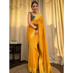 Women's Soft Litchi Silk Jacquard Work Saree With Unstitched Blouse 5.5Mtr (Yellow)