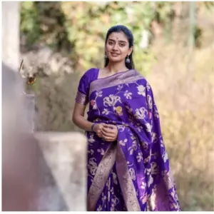 Women's Soft Litchi Silk Jacquard Work Saree With Unstitched Blouse 5.5Mtr (Purple)