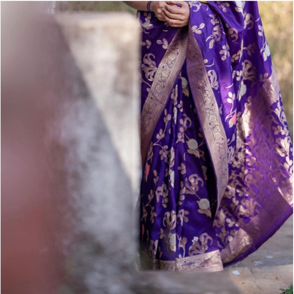 Women's Soft Litchi Silk Jacquard Work Saree With Unstitched Blouse 5.5Mtr (Purple) - Image 3