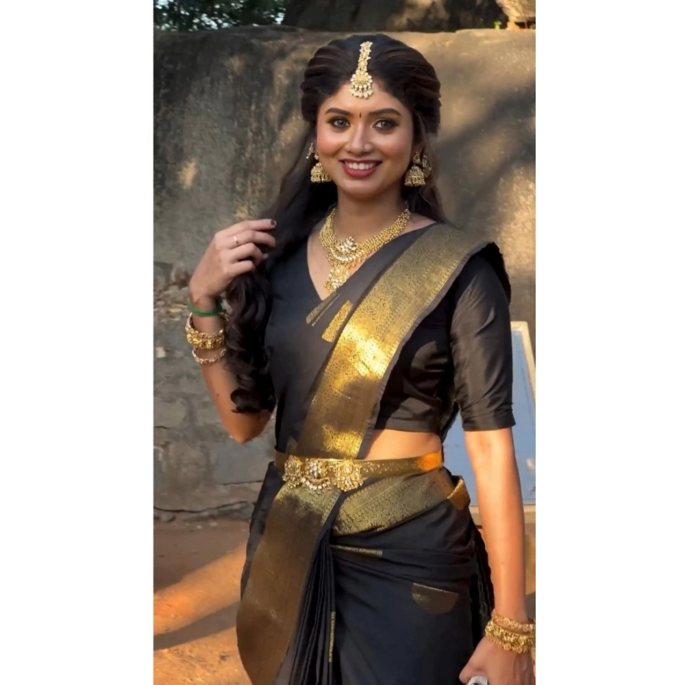 Women's Soft Litchi Silk Jacquard Work Saree With Unstitched Blouse 5.5Mtr (Black)