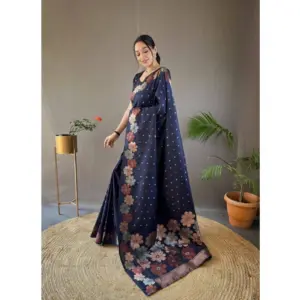 Women's Soft Litchi Silk Jacquard Work Saree With Unstitched Blouse 5.5Mtr (Navy Blue)