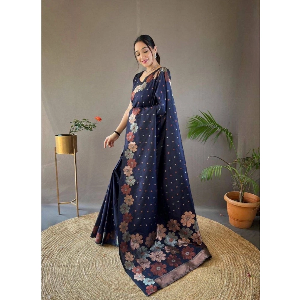 Women's Soft Litchi Silk Jacquard Work Saree With Unstitched Blouse 5.5Mtr (Navy Blue)