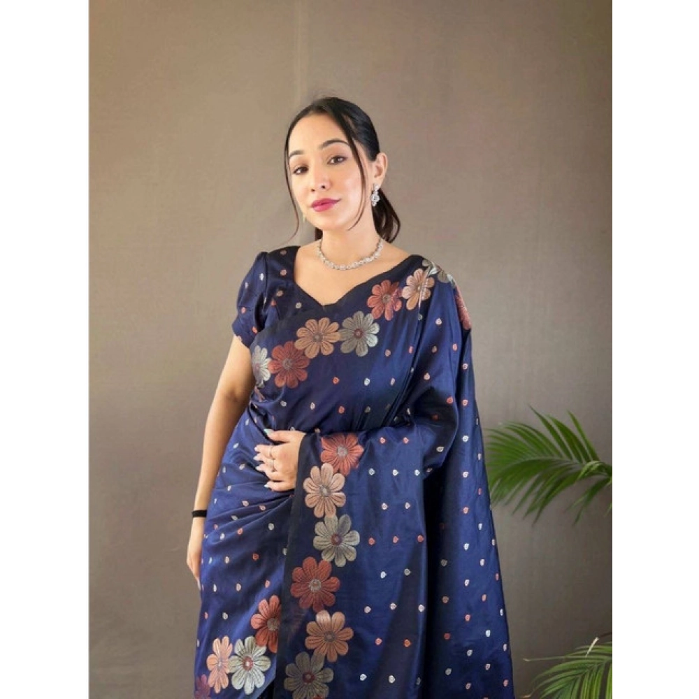Women's Soft Litchi Silk Jacquard Work Saree With Unstitched Blouse 5.5Mtr (Navy Blue) - Image 2