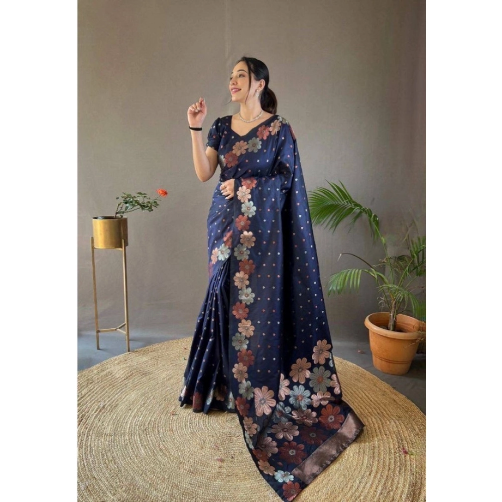 Women's Soft Litchi Silk Jacquard Work Saree With Unstitched Blouse 5.5Mtr (Navy Blue) - Image 3