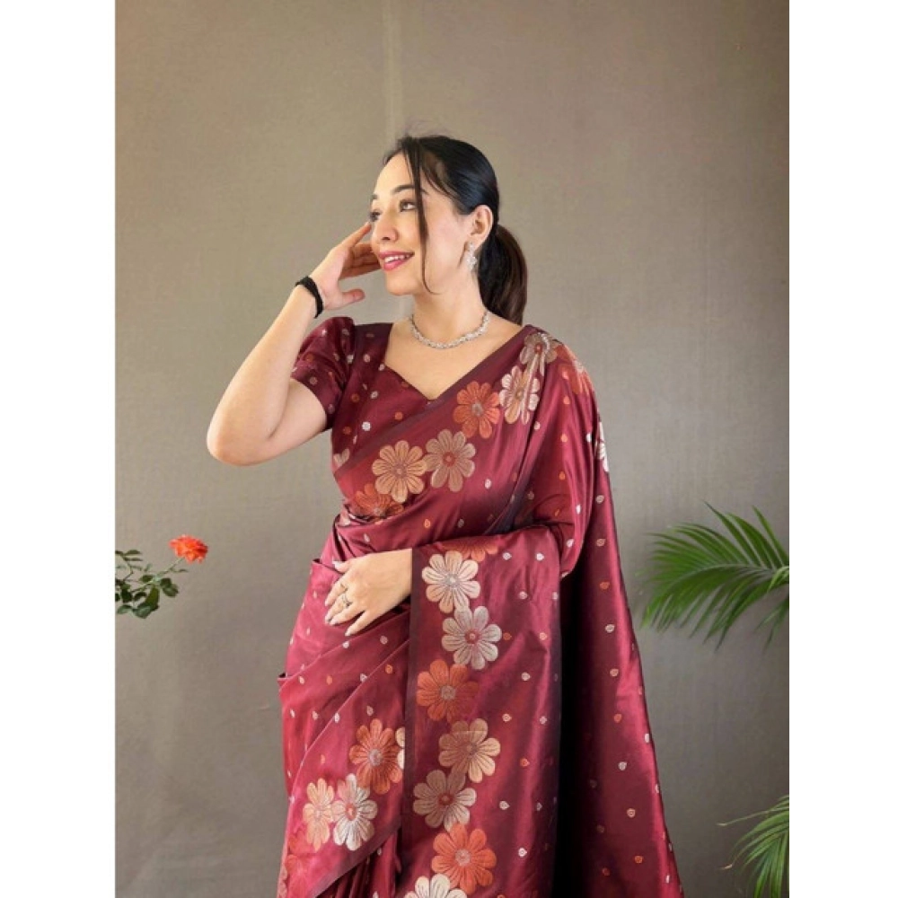 Women's Soft Litchi Silk Jacquard Work Saree With Unstitched Blouse 5.5Mtr (Maroon) - Image 2