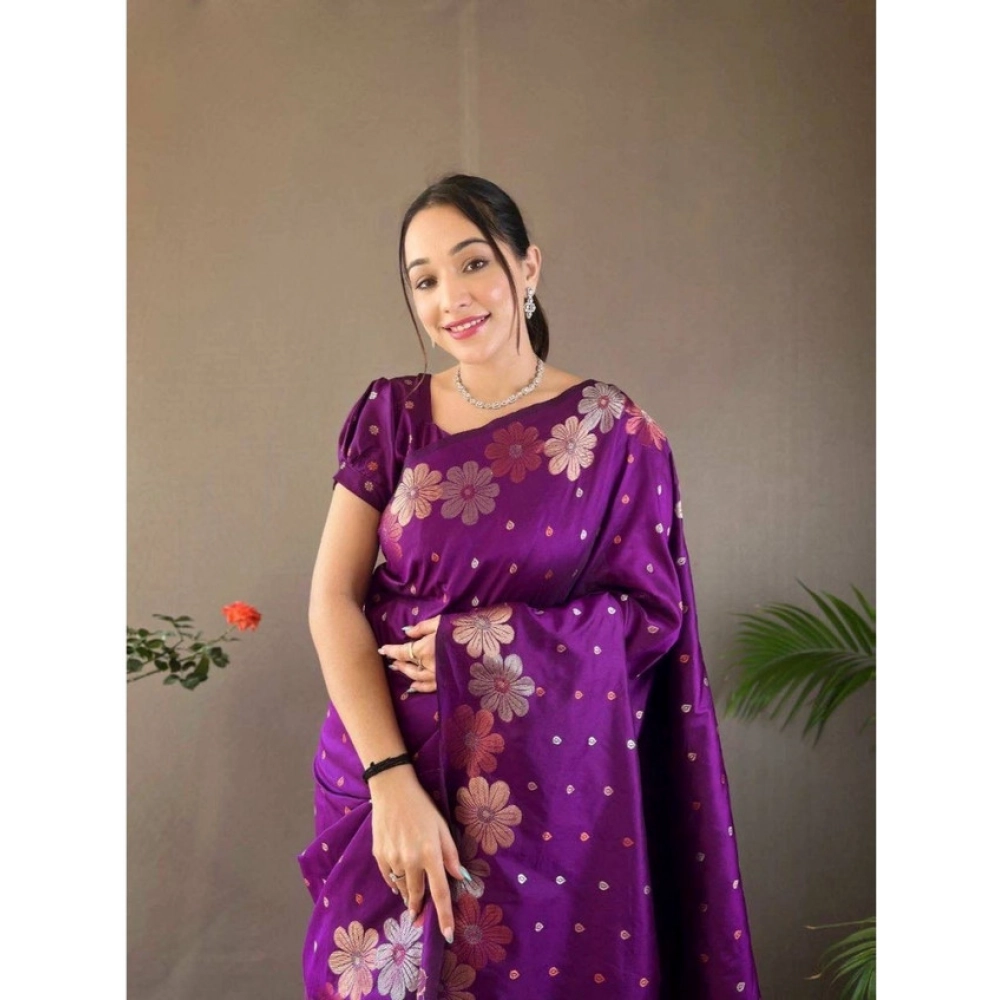 Women's Soft Litchi Silk Jacquard Work Saree With Unstitched Blouse 5.5Mtr (Purple) - Image 2