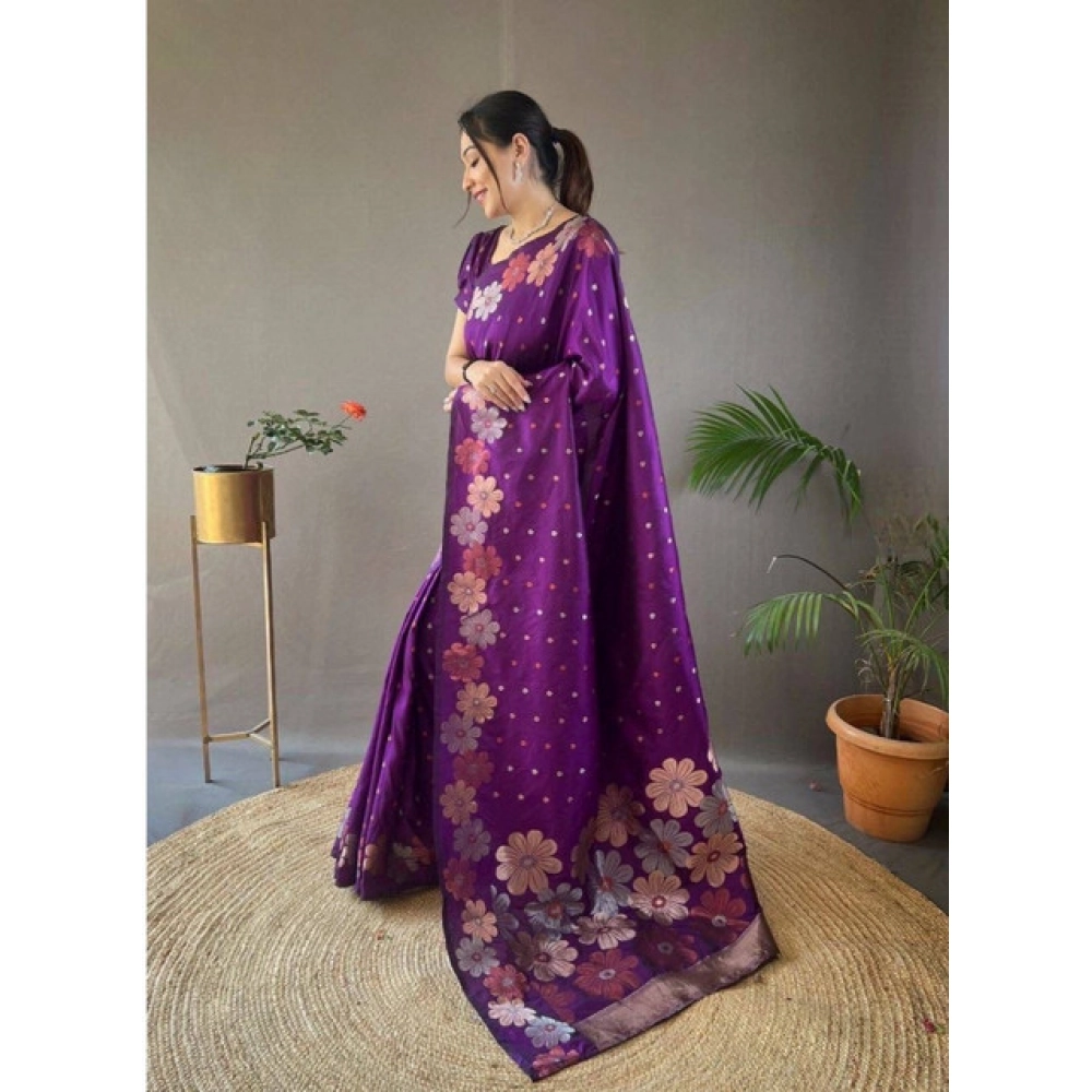 Women's Soft Litchi Silk Jacquard Work Saree With Unstitched Blouse 5.5Mtr (Purple) - Image 3