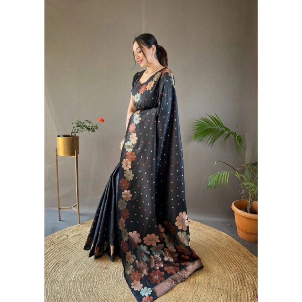 Women's Soft Litchi Silk Jacquard Work Saree With Unstitched Blouse 5.5Mtr (Black) - Image 3