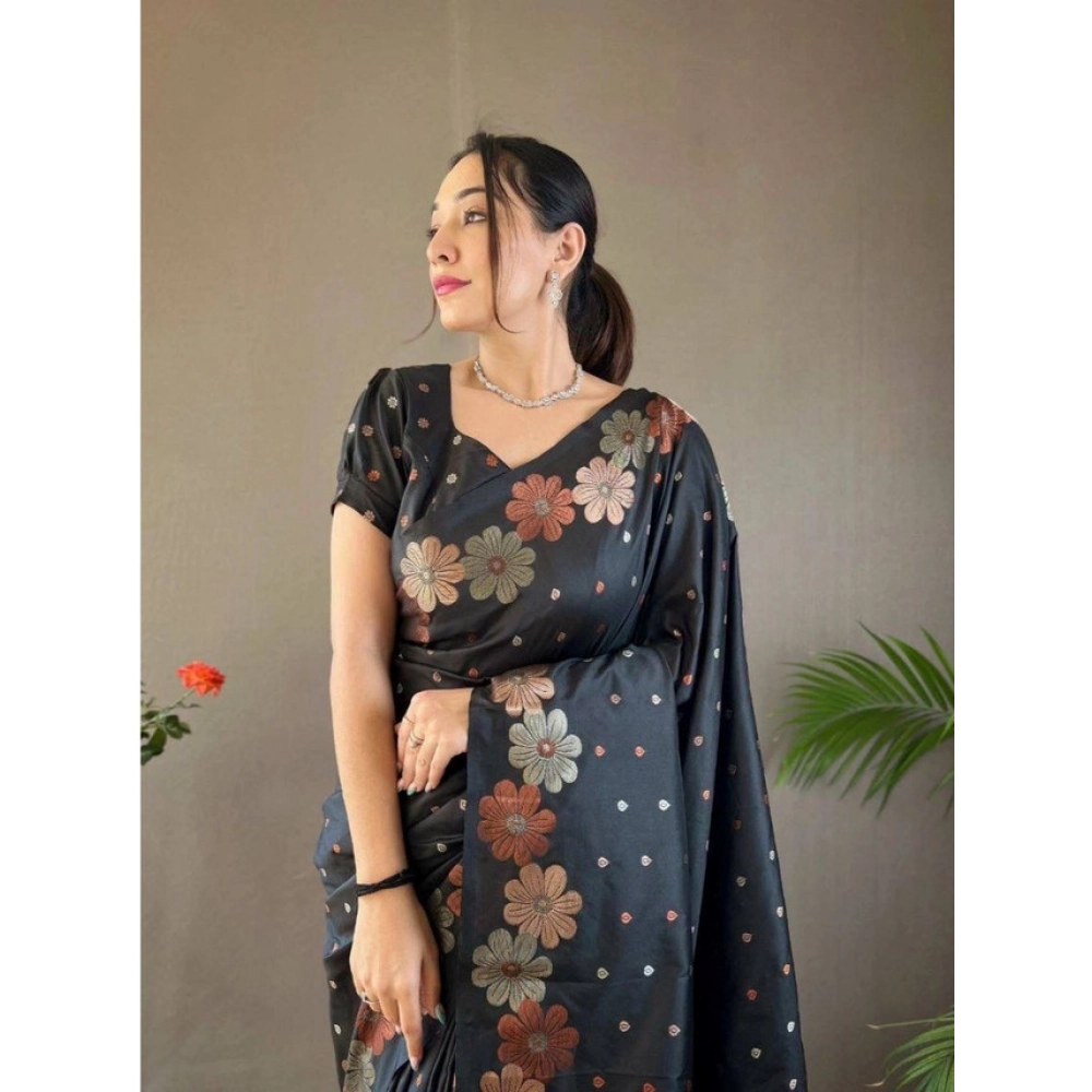 Women's Soft Litchi Silk Jacquard Work Saree With Unstitched Blouse 5.5Mtr (Black) - Image 2