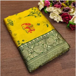Women's Soft Litchi Silk Jacquard Work Saree With Unstitched Blouse 5.5Mtr (Yellow)