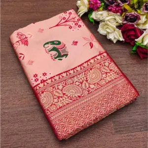 Women's Soft Litchi Silk Jacquard Work Saree With Unstitched Blouse 5.5Mtr (Pink)