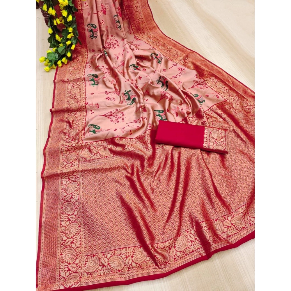 Women's Soft Litchi Silk Jacquard Work Saree With Unstitched Blouse 5.5Mtr (Pink) - Image 3