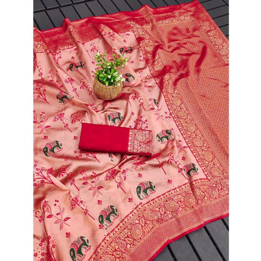 Women's Soft Litchi Silk Jacquard Work Saree With Unstitched Blouse 5.5Mtr (Pink) - Image 2