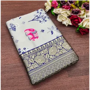 Women's Soft Litchi Silk Jacquard Work Saree With Unstitched Blouse 5.5Mtr (Blue)