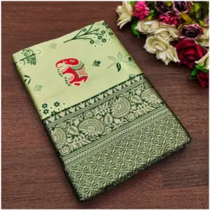 Women's Soft Litchi Silk Jacquard Work Saree With Unstitched Blouse 5.5Mtr (Light Green)