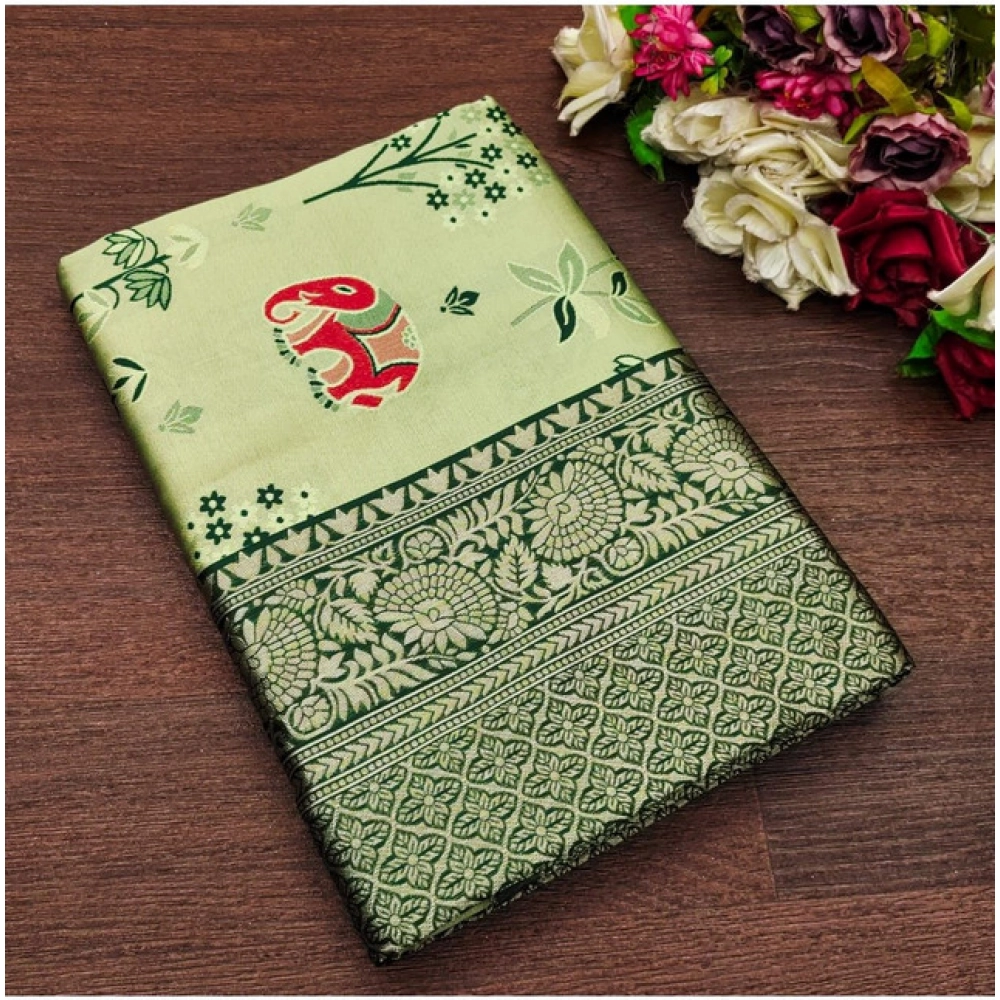 Women's Soft Litchi Silk Jacquard Work Saree With Unstitched Blouse 5.5Mtr (Light Green)