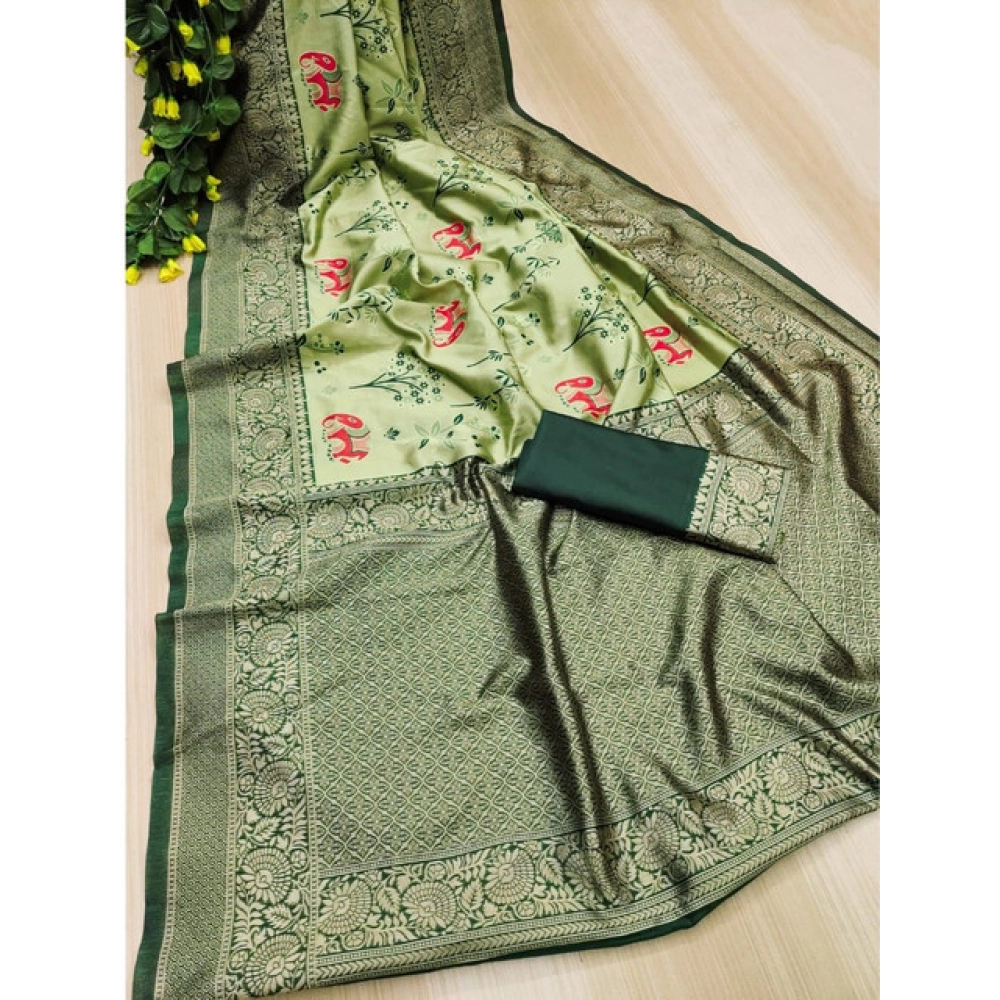 Women's Soft Litchi Silk Jacquard Work Saree With Unstitched Blouse 5.5Mtr (Light Green) - Image 2