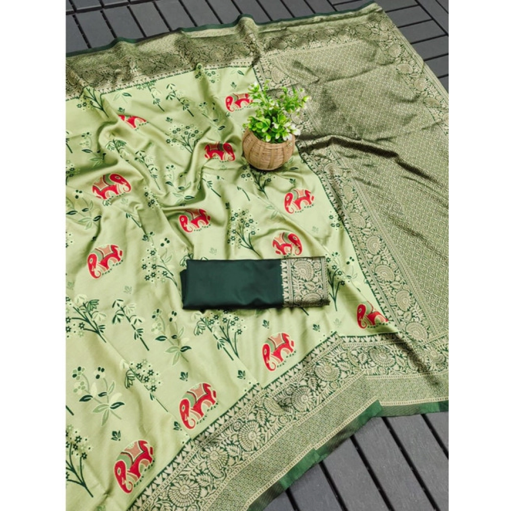 Women's Soft Litchi Silk Jacquard Work Saree With Unstitched Blouse 5.5Mtr (Light Green) - Image 3