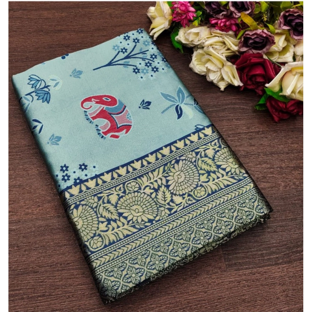 Women's Soft Litchi Silk Jacquard Work Saree With Unstitched Blouse 5.5Mtr (Light Blue)