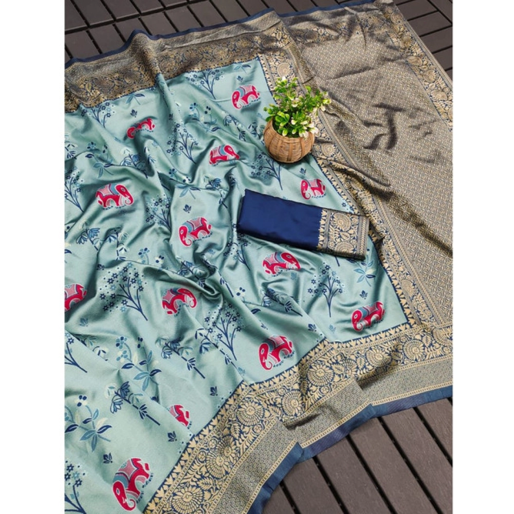 Women's Soft Litchi Silk Jacquard Work Saree With Unstitched Blouse 5.5Mtr (Light Blue) - Image 2