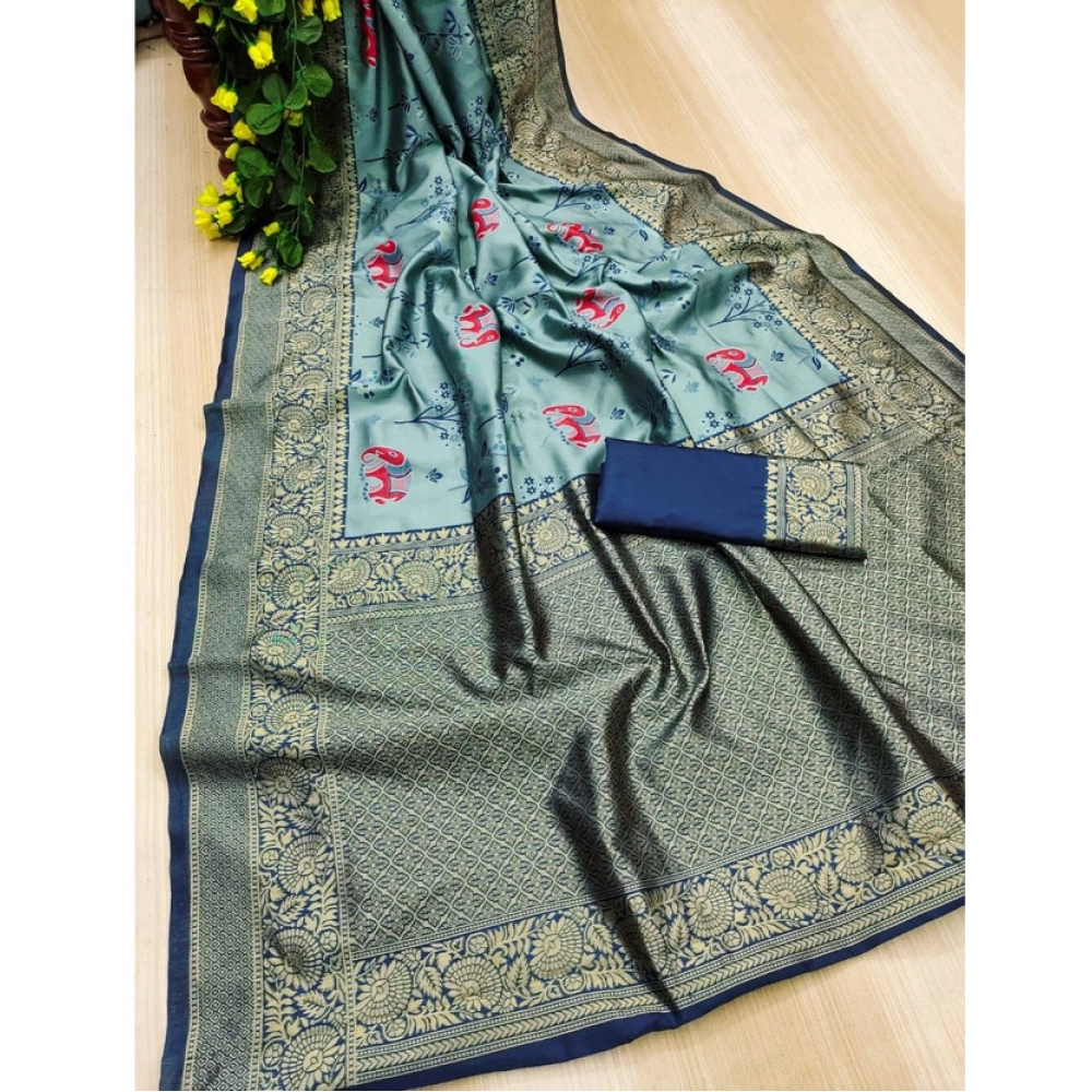 Women's Soft Litchi Silk Jacquard Work Saree With Unstitched Blouse 5.5Mtr (Light Blue) - Image 3