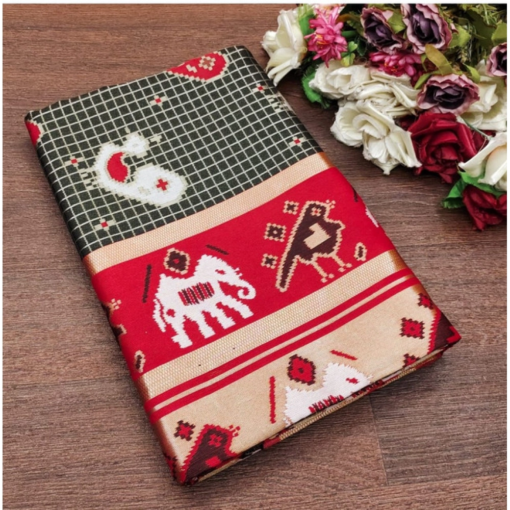 Women's Soft Litchi Silk Jacquard Work Saree With Unstitched Blouse 5.5Mtr (Black-Red)