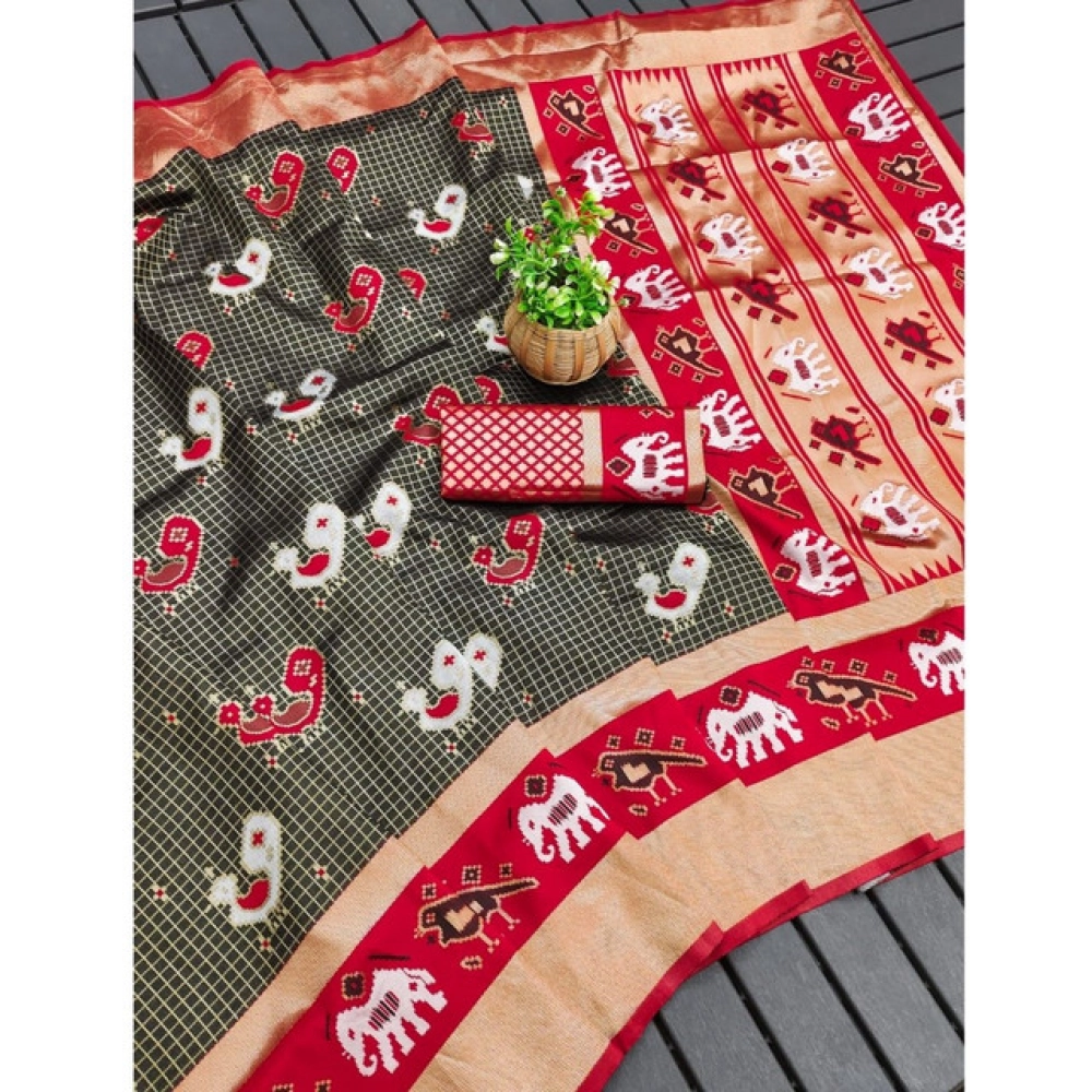 Women's Soft Litchi Silk Jacquard Work Saree With Unstitched Blouse 5.5Mtr (Black-Red) - Image 2