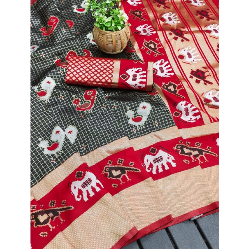 Women's Soft Litchi Silk Jacquard Work Saree With Unstitched Blouse 5.5Mtr (Black-Red) - Image 3