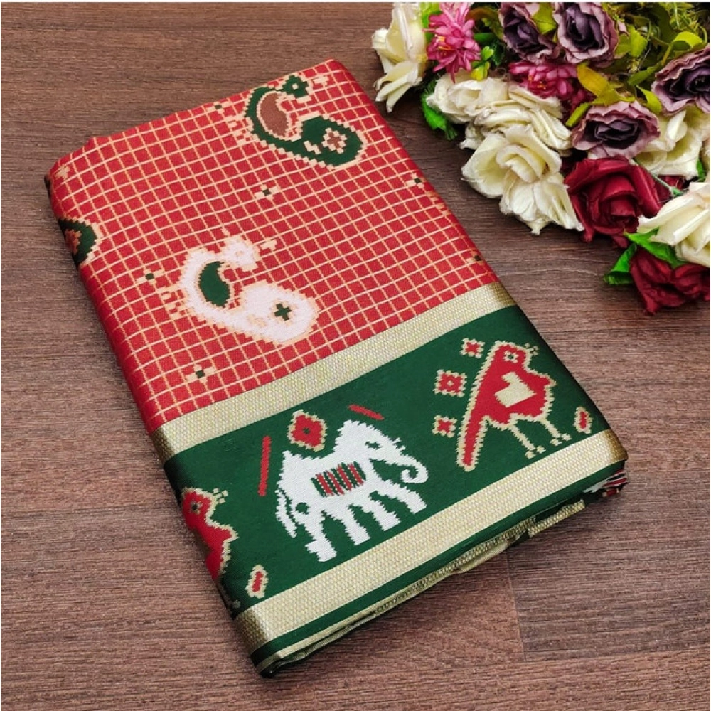 Women's Soft Litchi Silk Jacquard Work Saree With Unstitched Blouse 5.5Mtr (Red-Green)