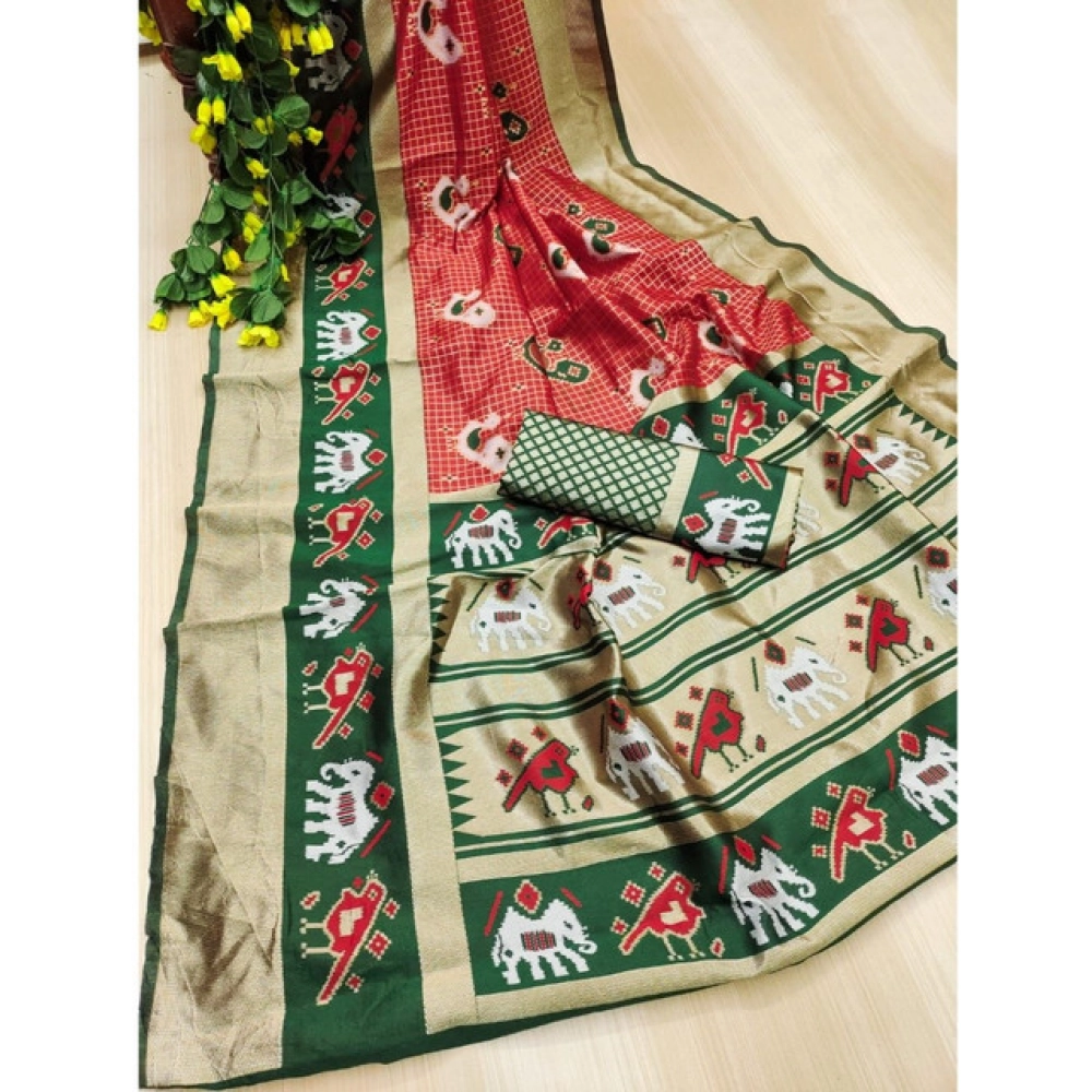 Women's Soft Litchi Silk Jacquard Work Saree With Unstitched Blouse 5.5Mtr (Red-Green) - Image 2