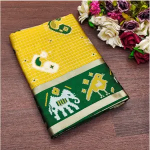 Women's Soft Litchi Silk Jacquard Work Saree With Unstitched Blouse 5.5Mtr (Yellow-Green)