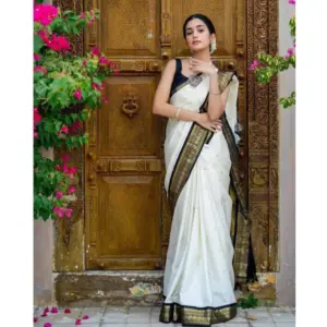 Women's Soft Litchi Silk Jacquard Work Saree With Unstitched Blouse 5.5Mtr (White)
