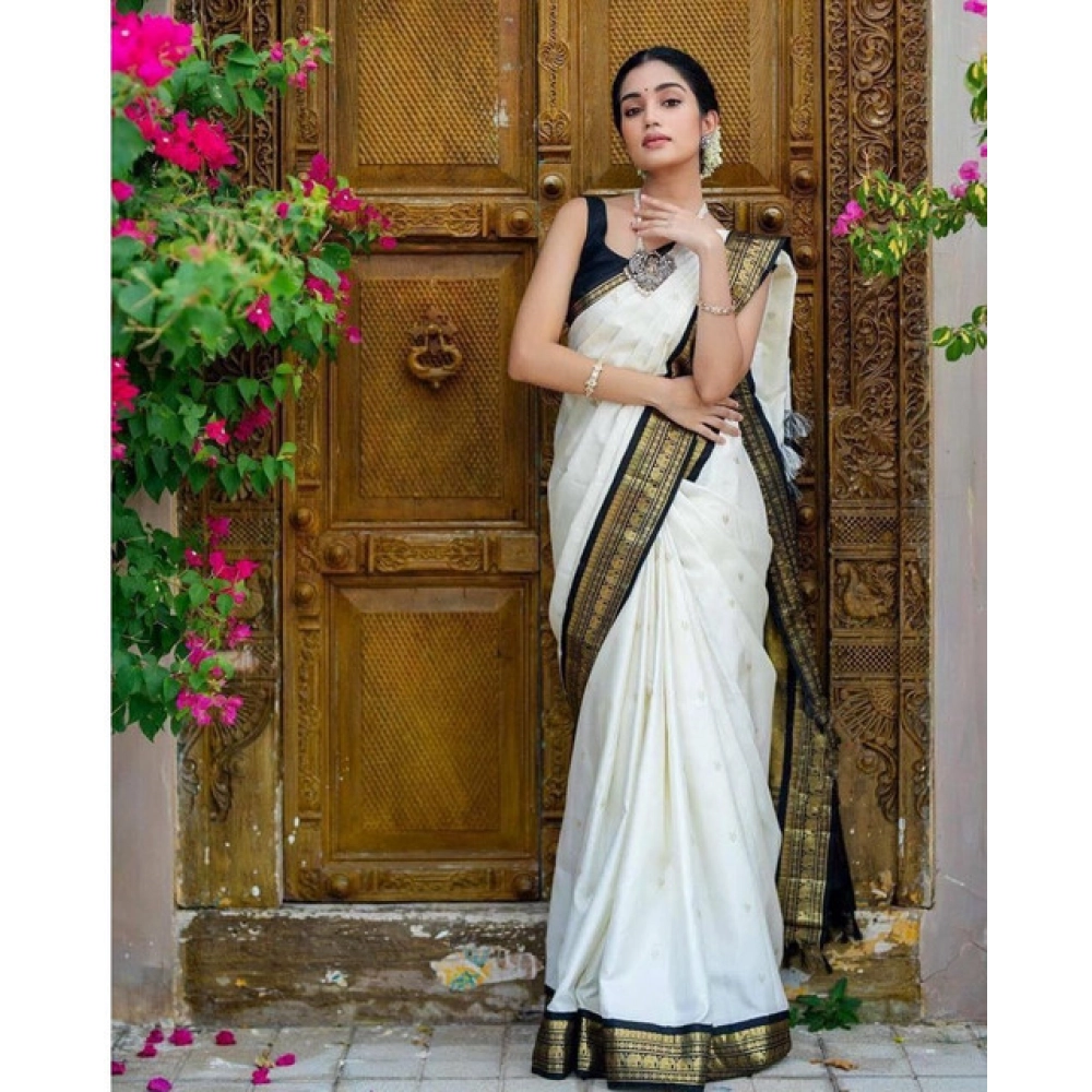 Women's Soft Litchi Silk Jacquard Work Saree With Unstitched Blouse 5.5Mtr (White)