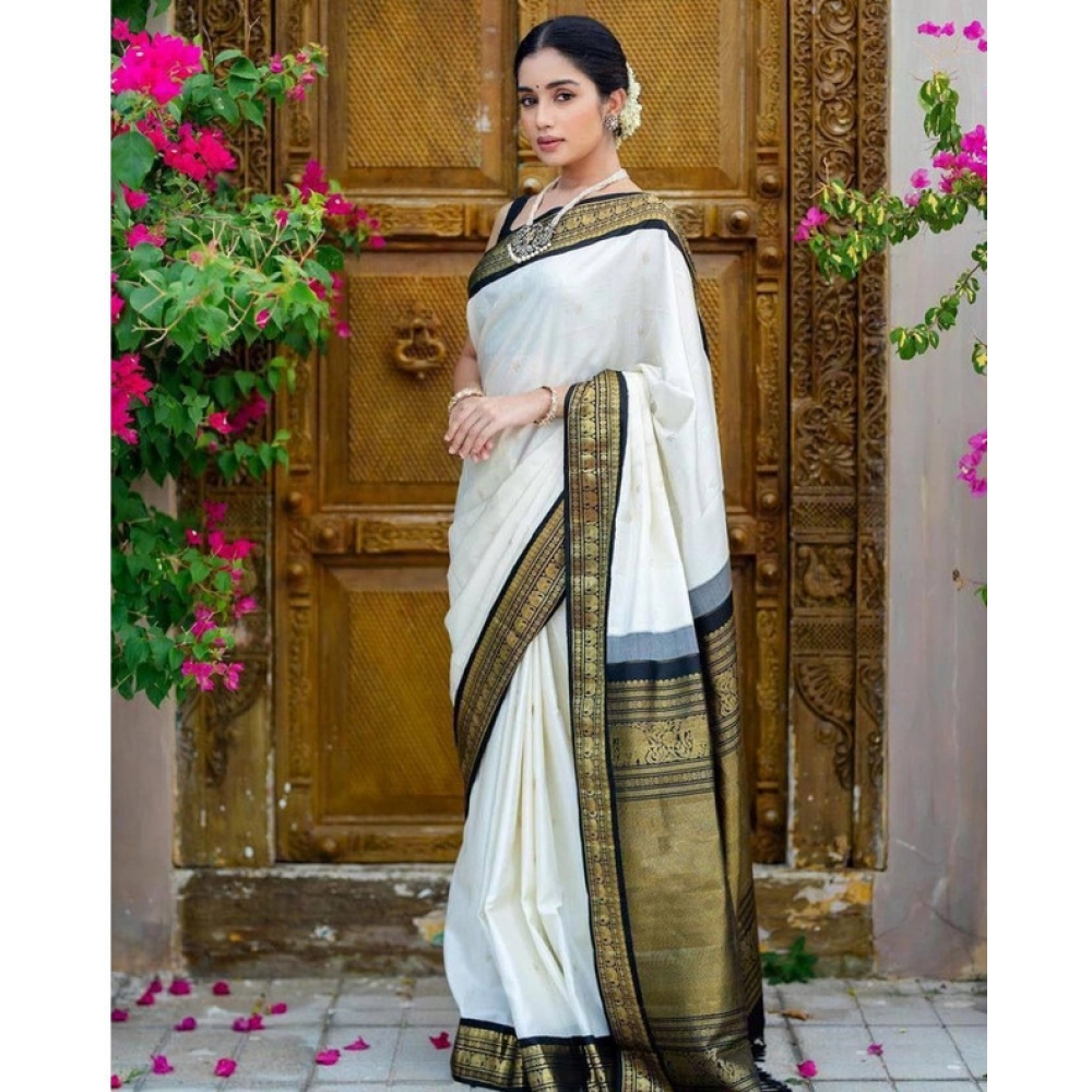 Women's Soft Litchi Silk Jacquard Work Saree With Unstitched Blouse 5.5Mtr (White) - Image 3